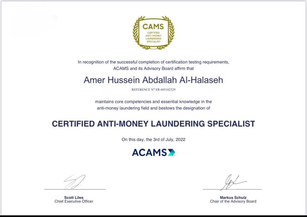 CAMS Certificate - Certified Anti-Money Laundering Specialist